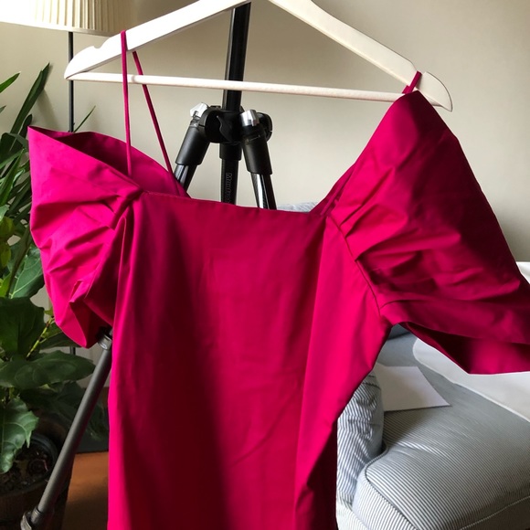 Theory off-shoulder dress fuchsia M pop draped - Picture 3 of 6